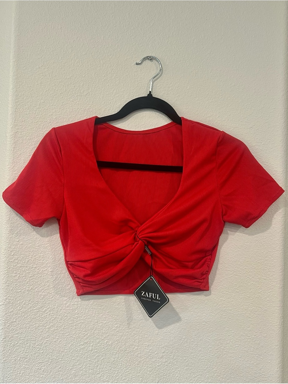 Zaful Red Knot-Front Ribbed Crop Top